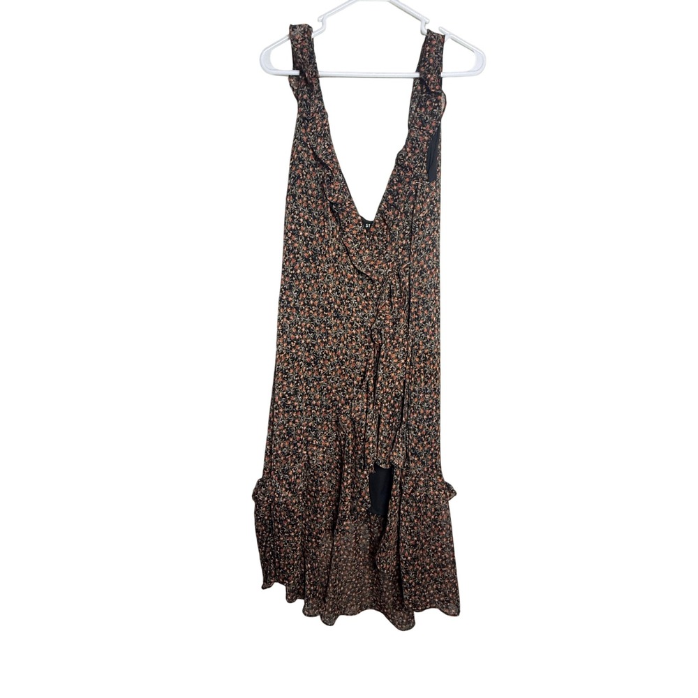 Storia Womens Floral Ruffle High Low Midi Dress‎ Black Orange Metallic Large